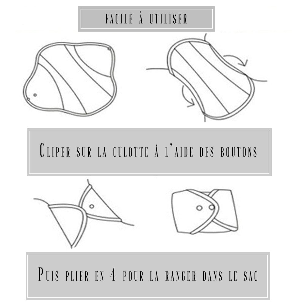 Comment utiliser une serviette hygiénique lavable? C'est facile et pratique, le bouton ne gène pas du tout. Si vous la clipsez sur un slip en coton, la serviette tient bien en place. Sur un slip en lycra, c'est plus délicat: ça bouge un peu. Heureusement Léonore adore a changé son design, et maintenant les microfibres s'étendent d'un bout à l'autre de la serviette, aussi dans la largeur.