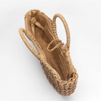 Borsa da spiaggia di paglia, stile retrò rotondo. Con una tasca interna per il telefono.