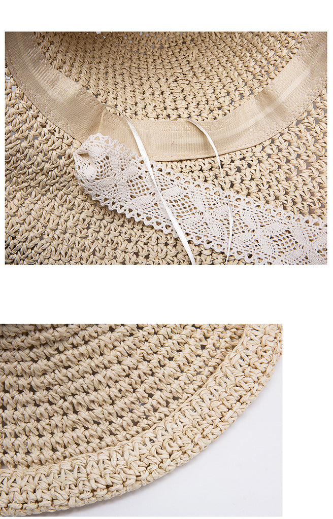 Chapeau de plage en paille dans le vent qui ne craint pas le mistral grâce à son joli ruban.