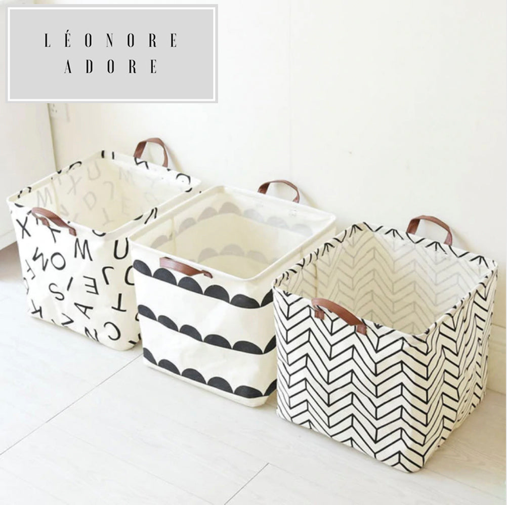 Panier de rangement pour jouets éco-responsable en lin, pliable, adorable. motifs tendances, drôle et pratique, panier à linge ou panier à rangements pour jouets. Pratique et aborable, pas cher. Leonoreadore.com